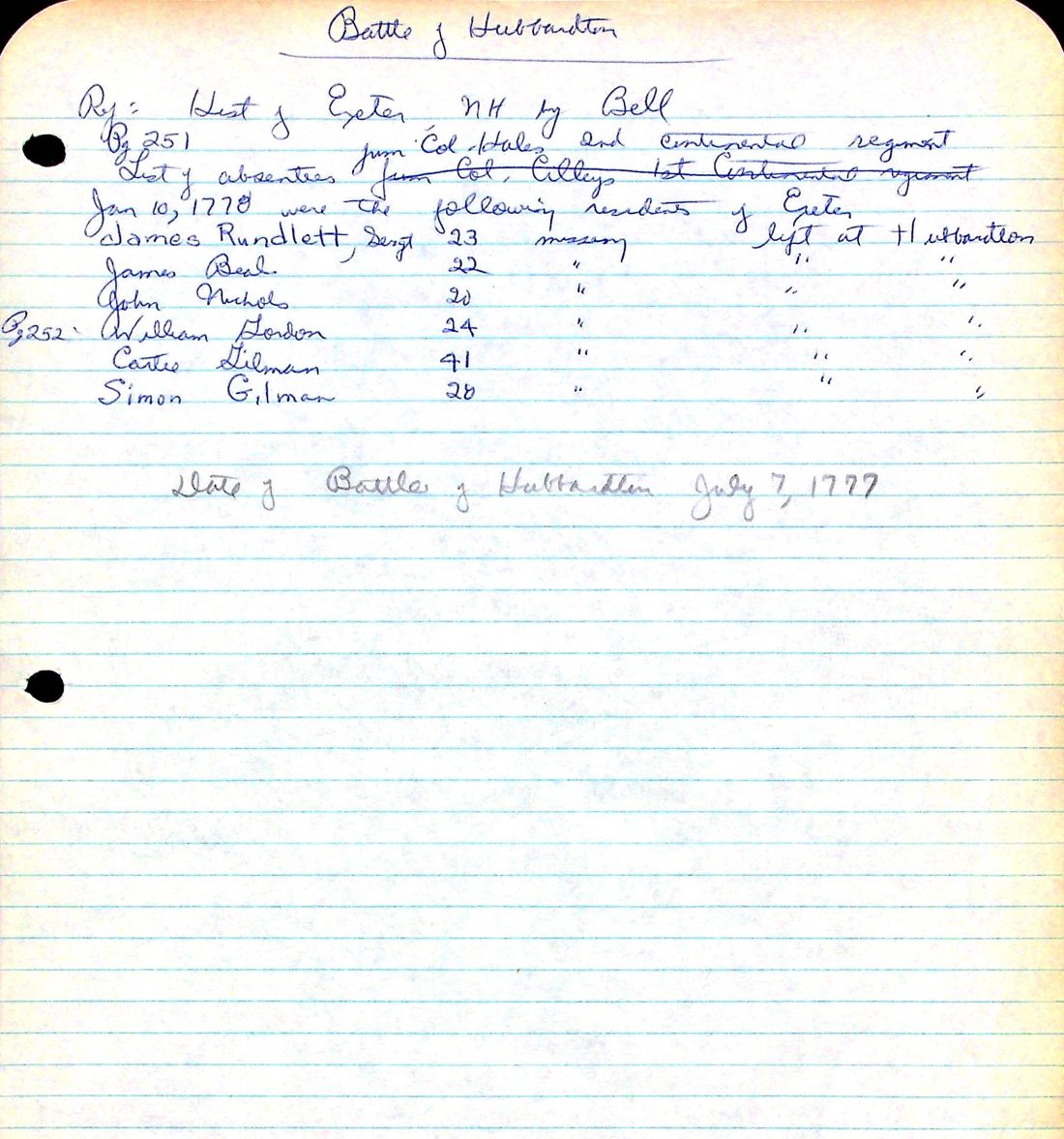 BATTLE OF HUBBARDTON list of missing